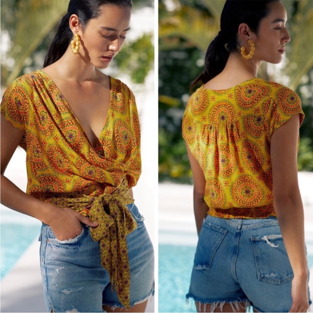 Anthropologie Yellow Printed Wrap Top